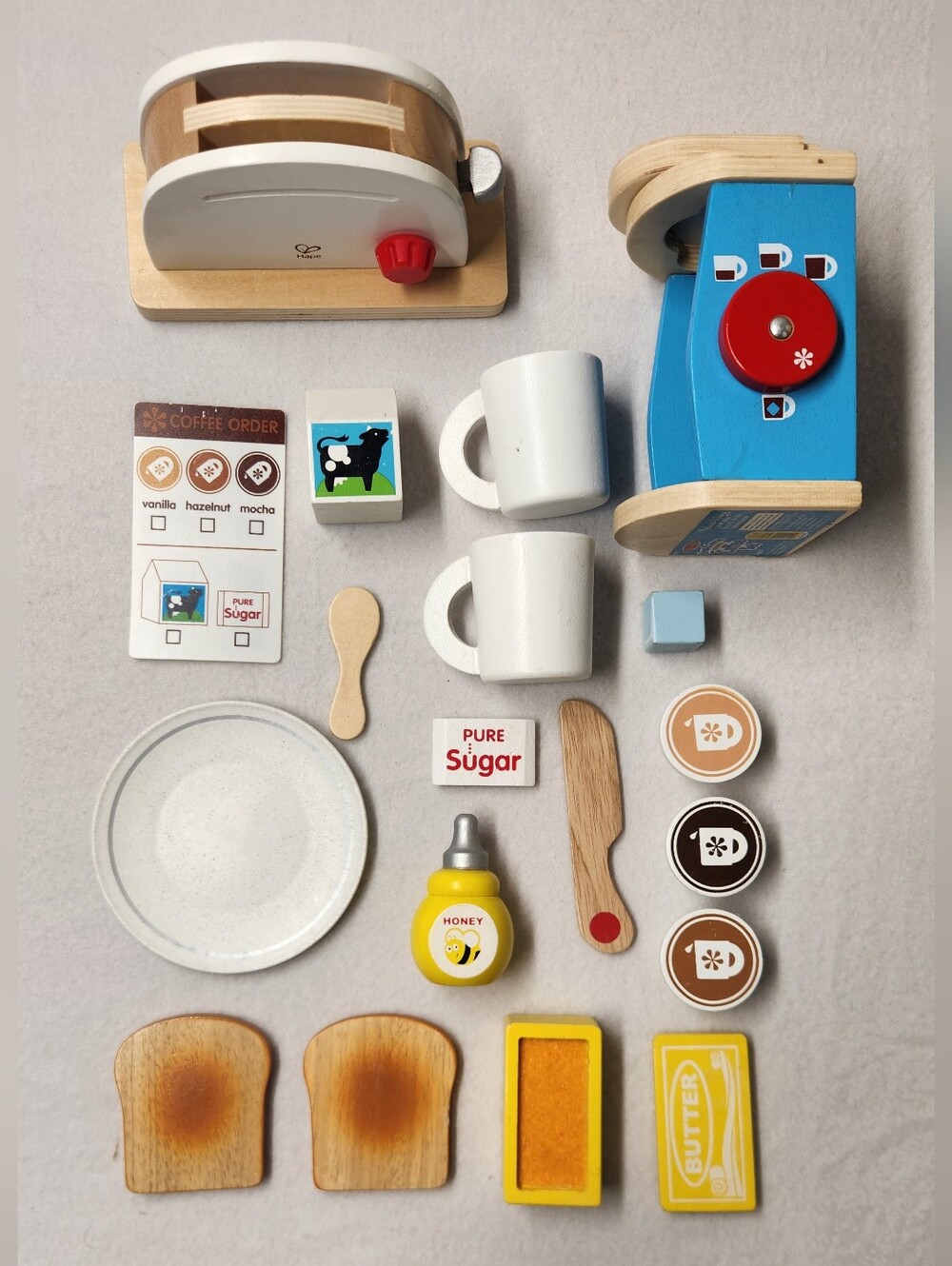 Melissa & Doug Wooden Coffee Set & Hape Pop Up Toaster Play Kitchen Pretend Food